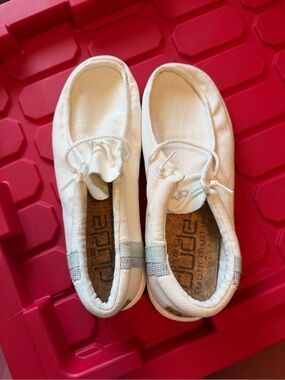 Hey Dude White Canvas Slip-On Sneakers with Light Green Accent